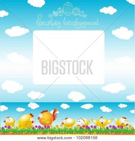 easter cartoon background with chicken and cock on grass