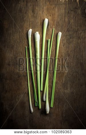 Lemongrass On Rustic Wood Board Background