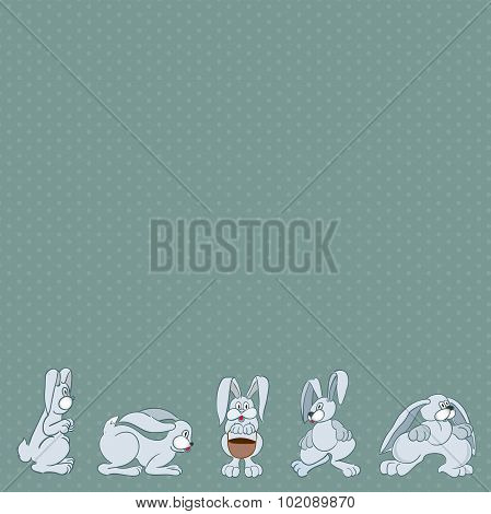Blue easter background with dot texture and different rabbits down