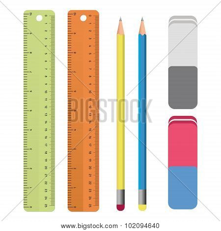Set of stationery tools outlines: ruler, pencil, eraser. School supplies, Drawing Set in vector