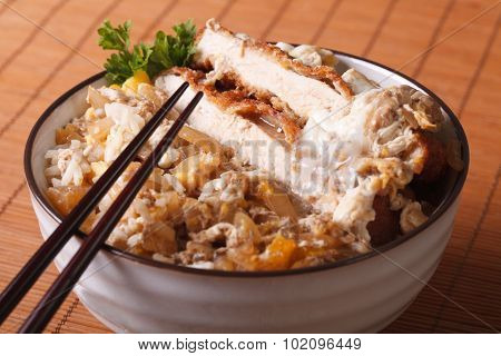 Katsudon, Breaded Deep Fried Pork On Steamed Rice Closeup. Horizontal