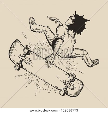 Man in mask to perform tricks on a skateboard.