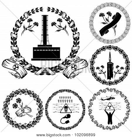 Set of silhouettes chernobil sybmols accident isolated on white
