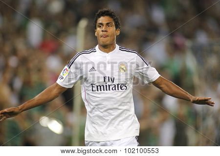 BARCELONA - MAY, 11: Raphael Varane of Real Madrid during the Spanish League match between Espanyol and Real Madrid at the Estadi Cornella on May 11, 2013 in Barcelona, Spain