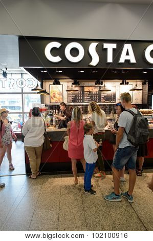 PRAGUE, CZECH REPUBLIC - AUGUST 04, 2015: Costa Coffee cafe interior. Costa Coffee is a British multinational coffeehouse company headquartered in Dunstable, England