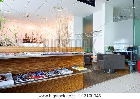 PRAGUE, CZECH REPUBLIC - AUGUST 04, 2015: Menzies Aviation lounge interior. Menzies Aviation is a global provider of passenger, ramp and cargo handling services