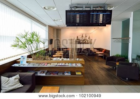 PRAGUE, CZECH REPUBLIC - AUGUST 04, 2015: Menzies Aviation lounge interior. Menzies Aviation is a global provider of passenger, ramp and cargo handling services