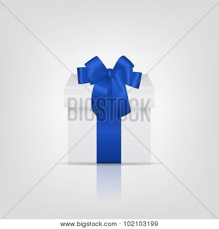 White square gift box with blue ribbon and bow