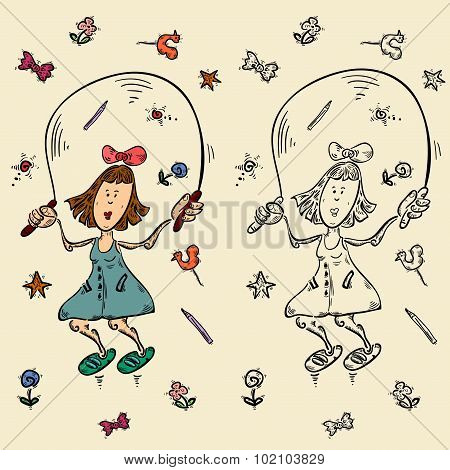 Cartoon background in sketch style. Girl jump on the rope