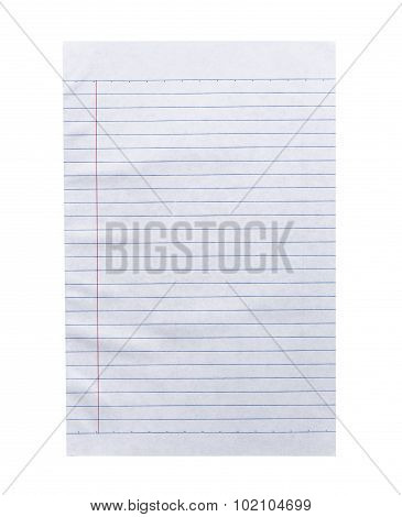 Close Up White Lined Paper Isolated On White