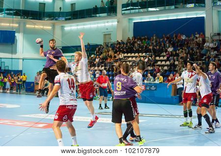 CHEKHOV, RUSSIA - SEPTEMBER 17: Young men playing handball on September 17, 2015 in Chekhov, Russia. Champions League. 