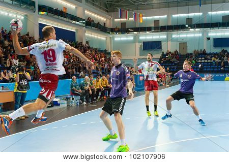 CHEKHOV, RUSSIA - SEPTEMBER 17: Young men playing handball on September 17, 2015 in Chekhov, Russia. Champions League. 
