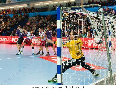 CHEKHOV, RUSSIA - SEPTEMBER 17: Young men playing handball on September 17, 2015 in Chekhov, Russia. Champions League. 