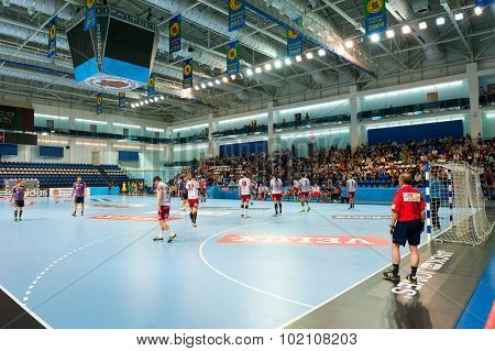 CHEKHOV, RUSSIA - SEPTEMBER 17: Young men playing handball on September 17, 2015 in Chekhov, Russia. Champions League. 