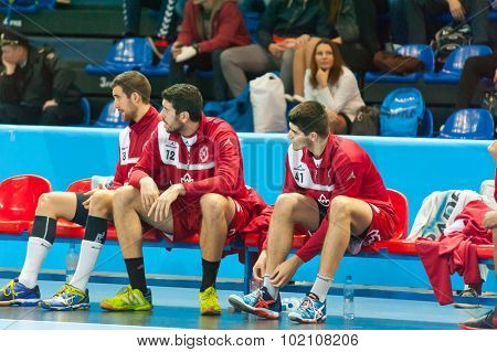 CHEKHOV, RUSSIA - SEPTEMBER 17: Reserve players at handball match on September 17, 2015 in Chekhov, Russia. Champions League. 