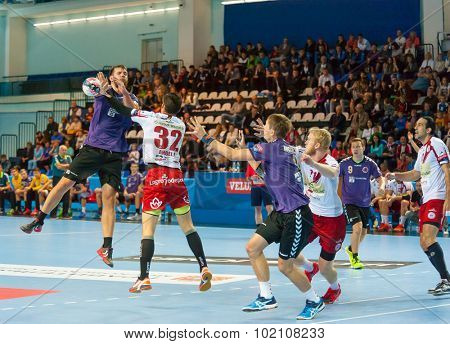 CHEKHOV, RUSSIA - SEPTEMBER 17: Young men playing handball on September 17, 2015 in Chekhov, Russia. Champions League. 