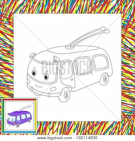 Funny Cartoon Trolleybus. Coloring Book For Kids