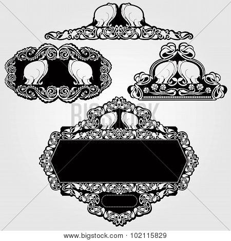 Four silhouettes of banners with two elephans and different paterns