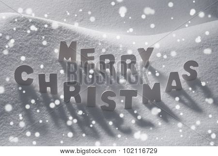 White Word Merry Christmas On Snow, Snowflakes