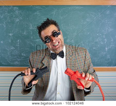 Nerd electronics technician retro teacher silly expression working battery clamps