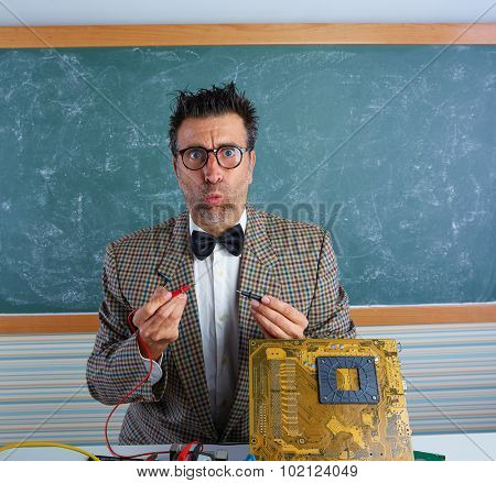 Nerd electronics technician retro teacher silly expression working in pcb