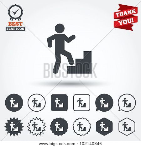 Upstairs icon. Human walking on ladder sign.