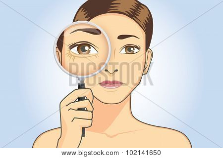 Beautiful woman magnifying wrinkle at her eye