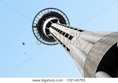 AUCKLAND, NZ - FEB 27: Person jumps from Auckland sky tower building on Feb 27 2009. SkyJump is one of New Zealand's most thrilling tourist attractions in Auckland, New Zealand.