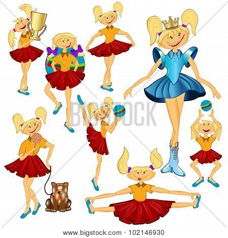 set of girls character in cartoon style on white