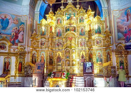 Izhevsk, Russia - September 16, 2015: Interior of russian orthodox church. Iconostasis in Saint Mich