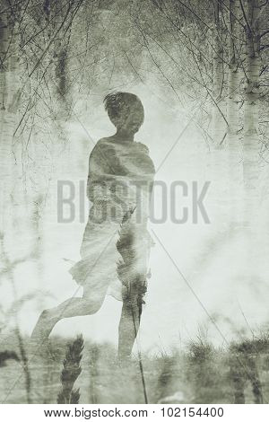 Woman Running To Freedom Through Countryside Field