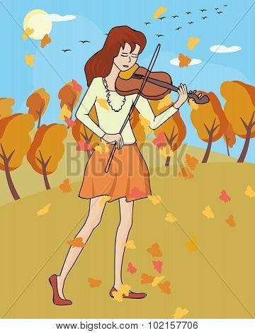 Fall Music: Girl Playing Violin At Autumn Landscape