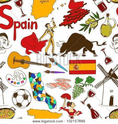Sketch Spain Seamless Pattern.