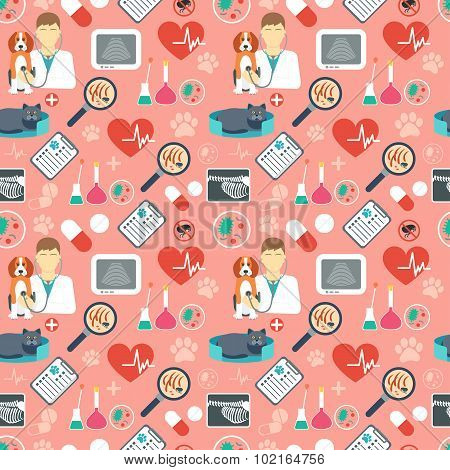 Veterinary Seamless Pattern. Vet Clinic. Flat Design. Red Background. Vector