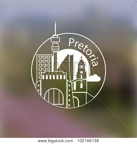 Minimalist Round Icon Of Pretoria, South Africa. Flat One Line Style. Linear Web Logo On Blurred Bac