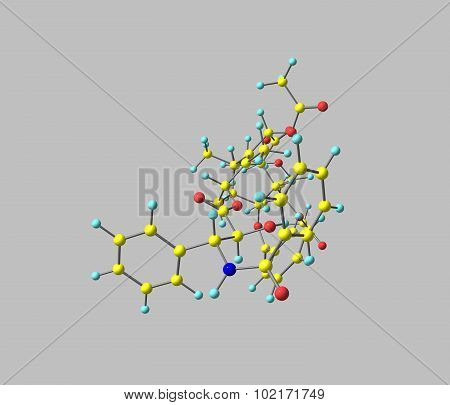 Paclitaxel is a mitotic inhibitor used in cancer chemotherapy. It and docetaxel represent the taxane family of drugs. Paclitaxel was discovered in 1962.3D illustration