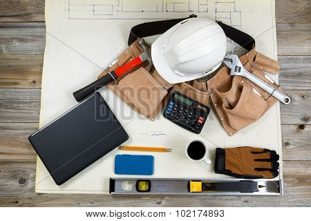 Construction Drawing Blue Print With Basic Tools On Top