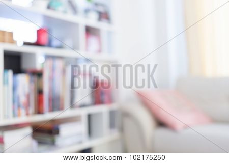 Blur Image Background, Book Shelf And Sofa Furniture Interior Decoration In Home