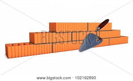 Brick wall under construction end tools. Red Wall. 3D