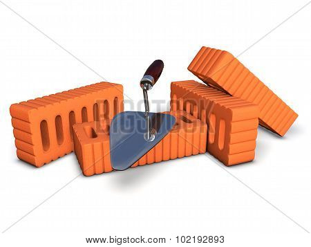 Brick wall under construction end tools. Red Wall. 3D