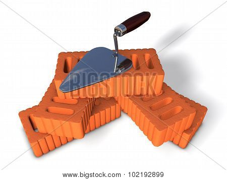 Brick wall under construction end tools. Bricks. 3D