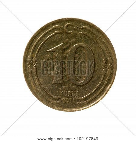Coin Ten Kurus Turkey Isolated On A White Background. Top View