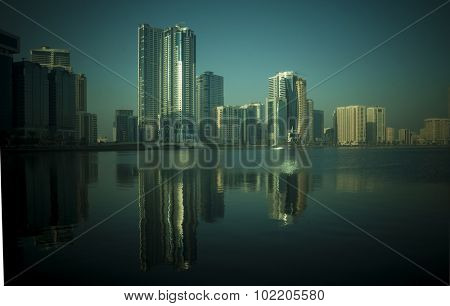 A beautiful sunlight fallen on skyline at Sharjah cornice, UAE.