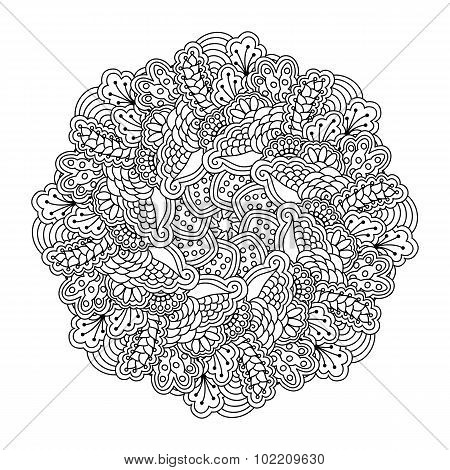 Round element for coloring book. Black and white floral pattern.