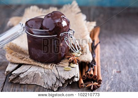 Spicy chocolate sorbet in a jar