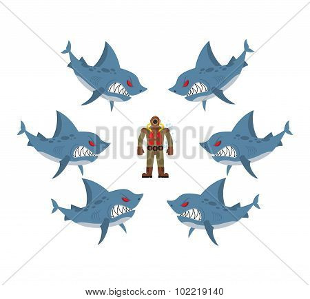 Angry Sharks Surrounded Man In Old Diving Suit. Fear, Hopeless Situation. Farted With Fear Go Bubble