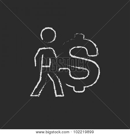 Businessman with a big dollar symbol hand drawn in chalk on a blackboard vector white icon isolated on a black background.