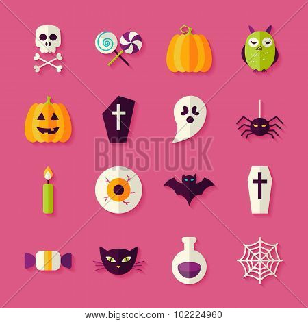Flat Halloween Trick Or Treat Objects Set With Shadow