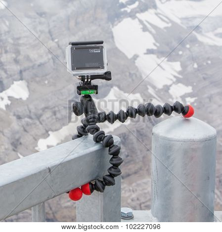 Les Diablerets, Switzerland - July 22, 2015: Closeup Of Gopro Hero 4 Camera On Gorillapod Tripod In