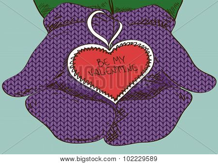 Illustration With Hands In Mittens Holding Heart